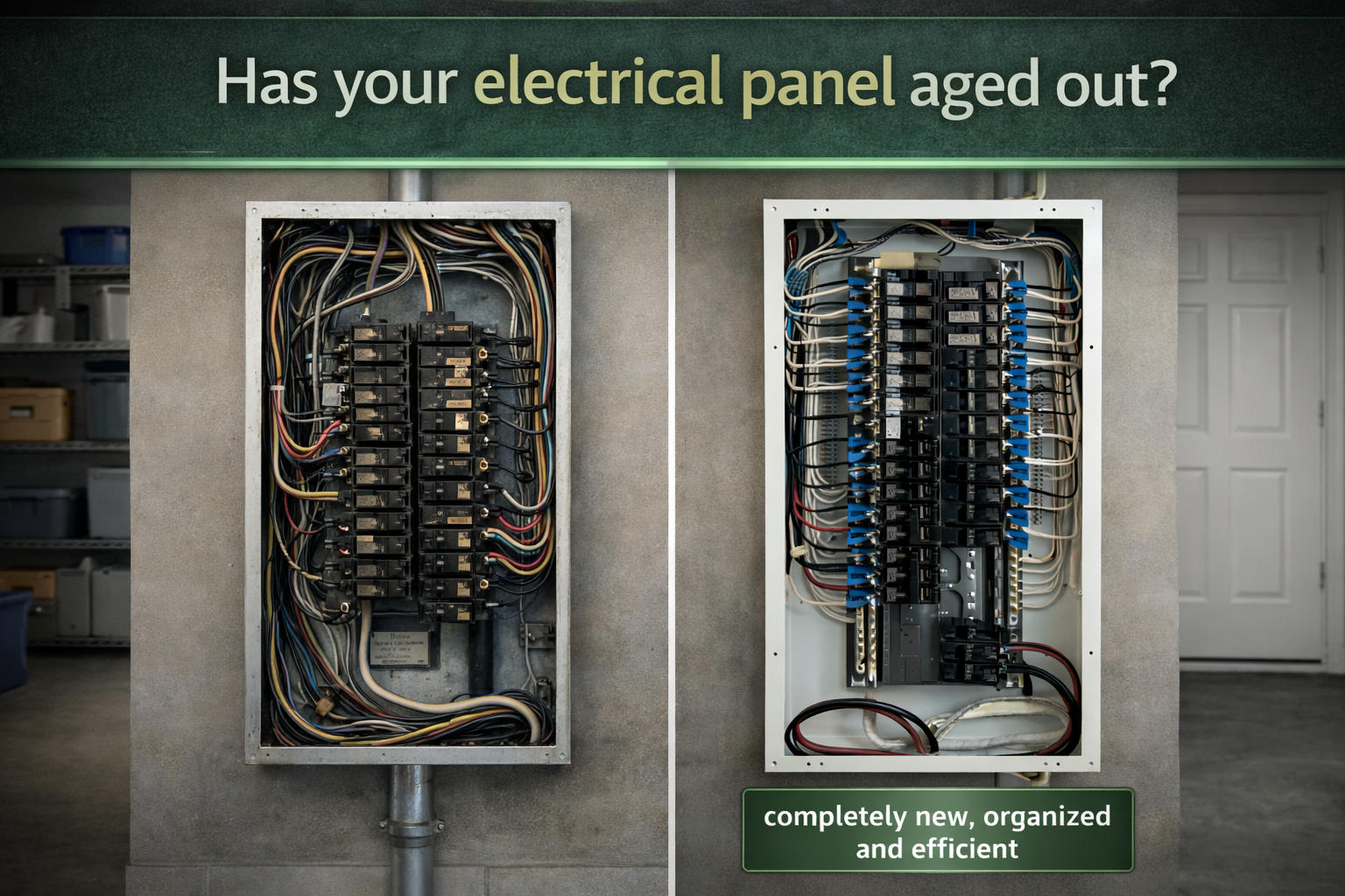 Before and after comparison of an old, messy electrical panel replaced with a new, organized, and efficient panel.