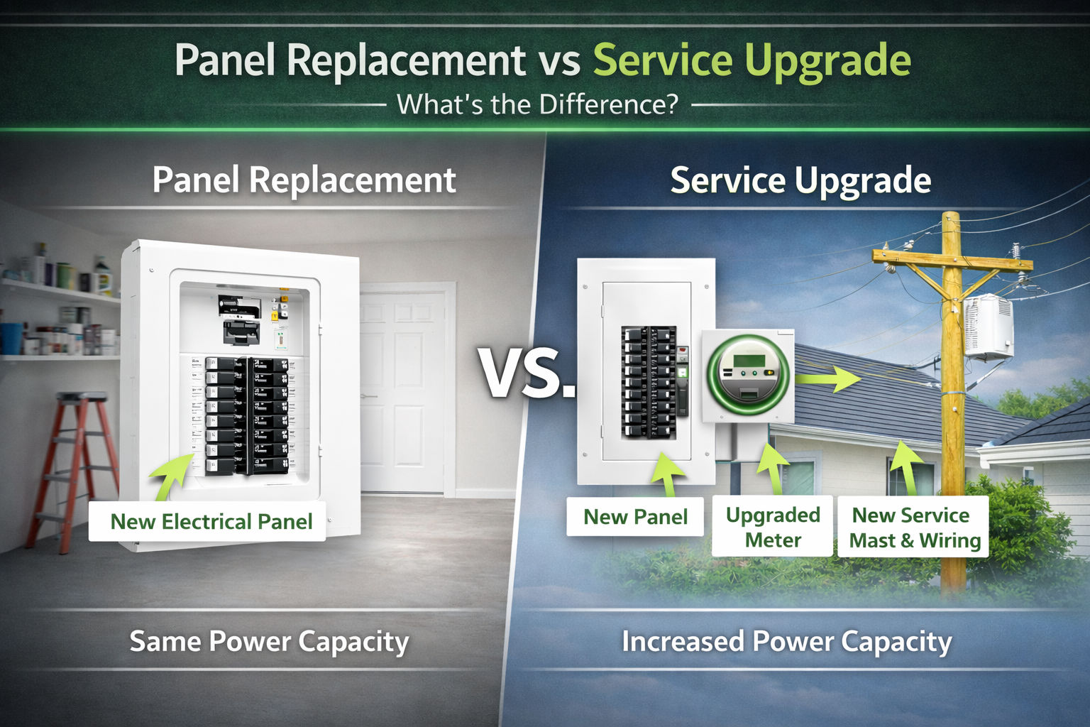 Comparison chart showing the difference between a panel replacement with same power capacity and a service upgrade with increased power capacity.