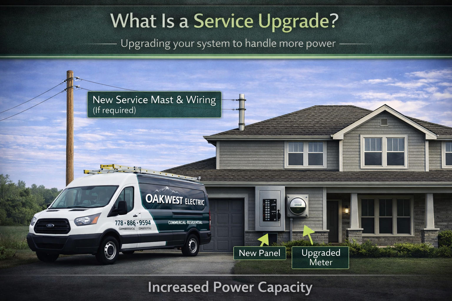 Oakwest Electric service van at a home showing components of a service upgrade including a new panel, upgraded meter, and service mast.