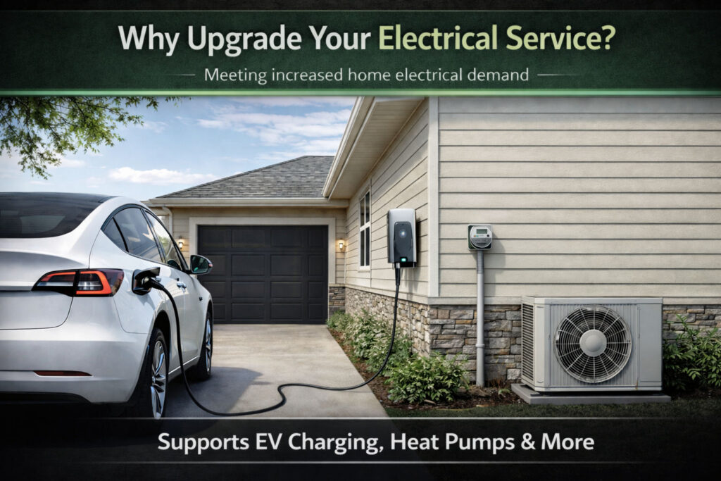 A modern home using a service upgrade to support high-demand loads like an EV charger and a heat pump.