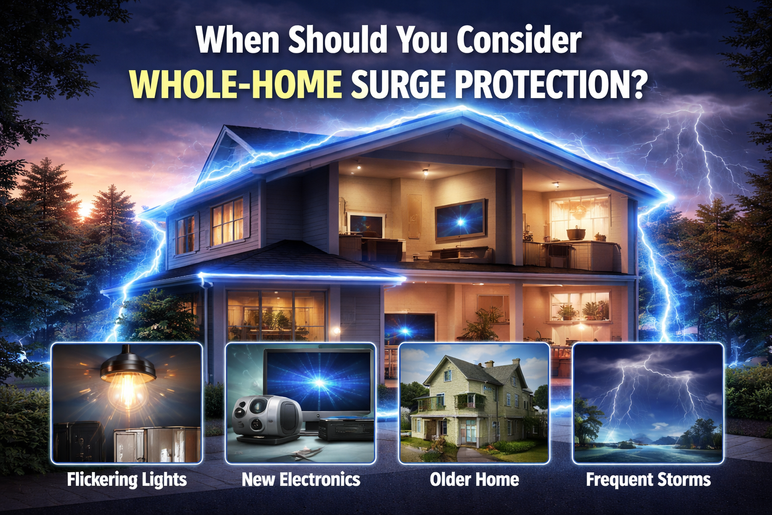 An infographic showing signs for surge protection: flickering lights, new electronics, older homes, and frequent BC storms.