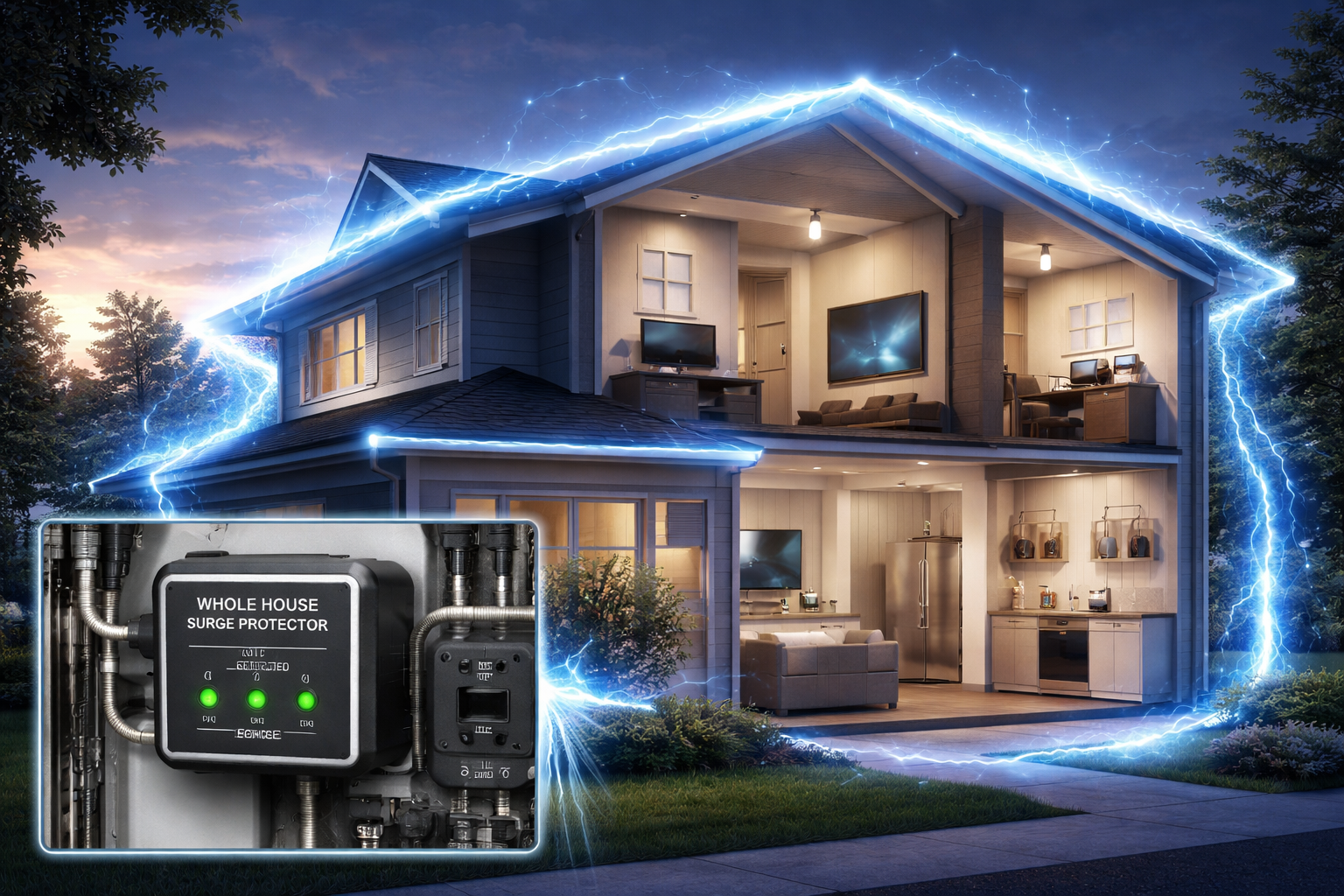 A digital illustration of a modern home glowing with a protective blue energy shield, showing how surge protection covers all appliances and electronics.