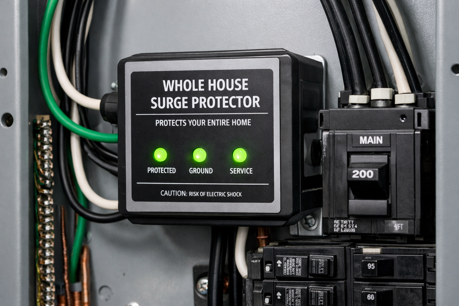 A professional whole-house surge protector installed inside a residential electrical panel with green "Protected" indicator lights active.