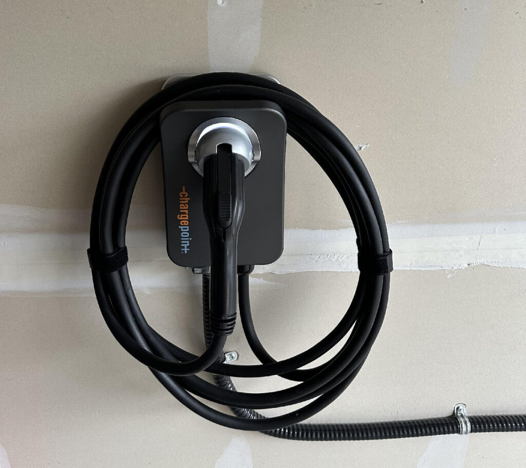Closeup of a Level 2 EV charger.