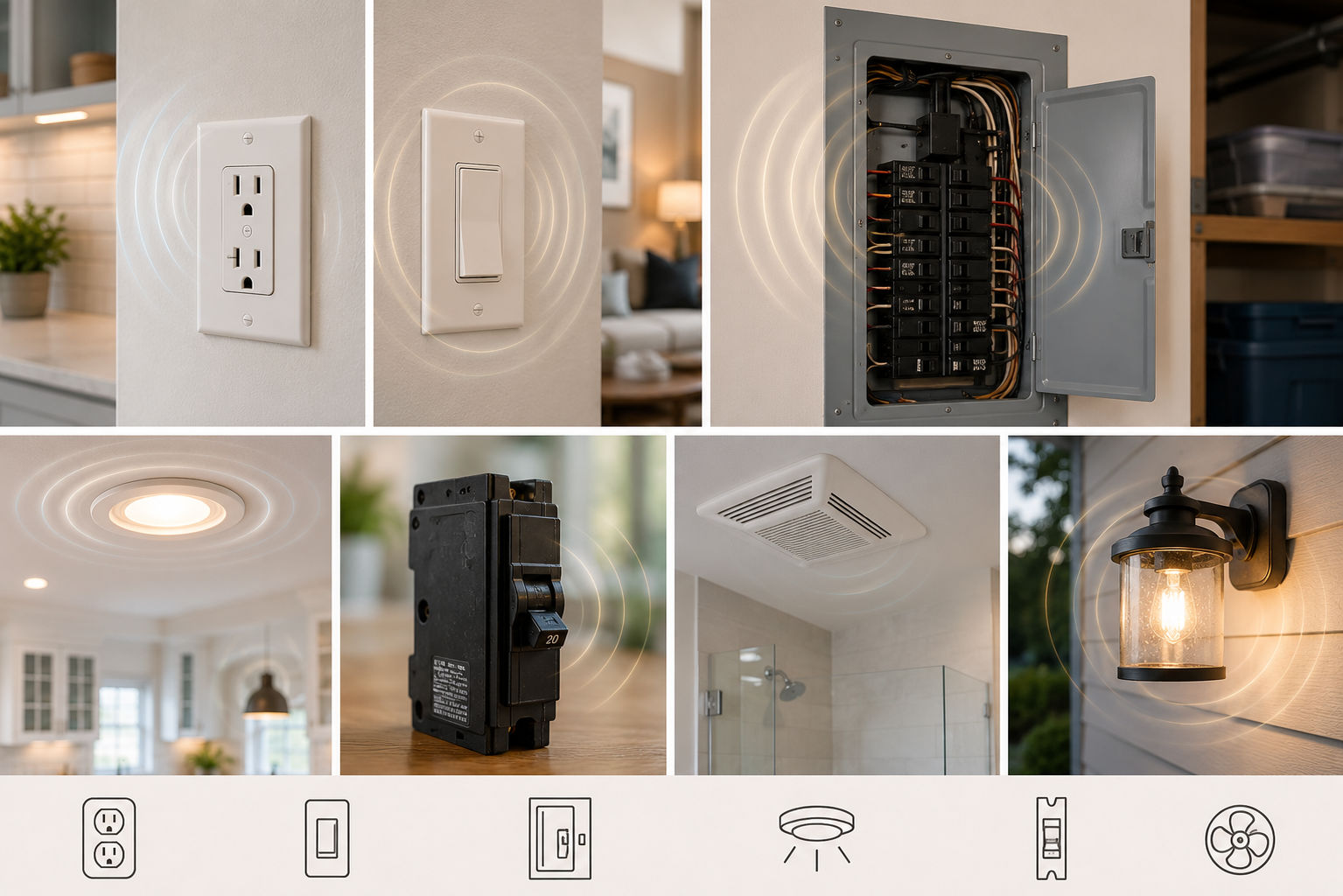 A grid of common home fixtures that produce electrical humming sounds, including a wall outlet, a light switch, an open electrical panel circuit breaker, a ceiling light, a bathroom fan, and an outdoor wall sconce with soundwave graphics.