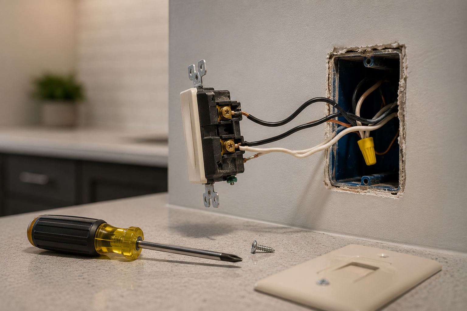 A wall light switch pulled out of its electrical junction box with exposed black and white wires, shown next to a yellow screwdriver and faceplate on a kitchen counter, highlighting the dangers of DIY electrical troubleshooting.