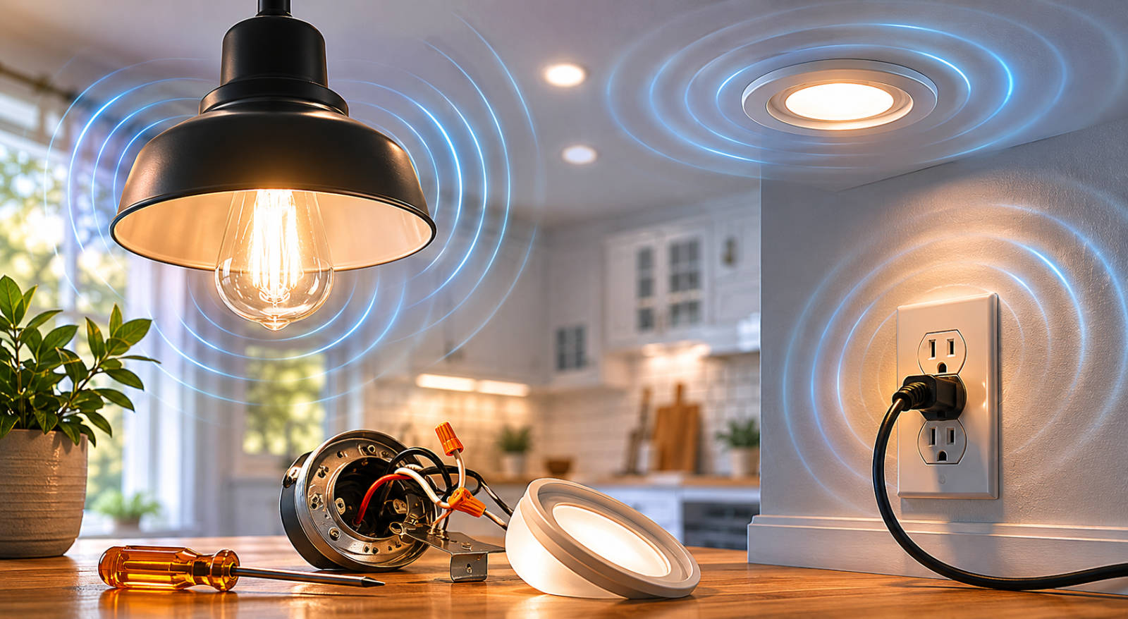 electrical-humming-sounds-home-fixtures A cozy home kitchen counter displaying a hanging pendant light, a recessed ceiling light, and a wall outlet, all with blue glowing soundwave graphics representing electrical humming sounds, next to an electrician screwdriver and disassembled light parts.