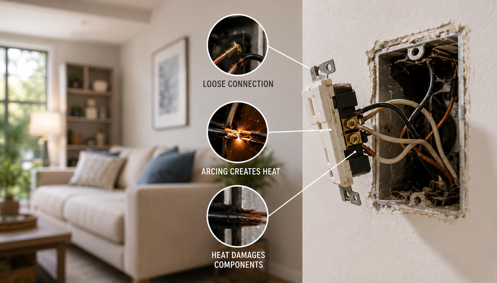A close-up view of a detached wall outlet showing loose connections, electrical arcing sparks creating heat, and heat damaging components inside a living room wall box, illustrating loose wiring hazards.