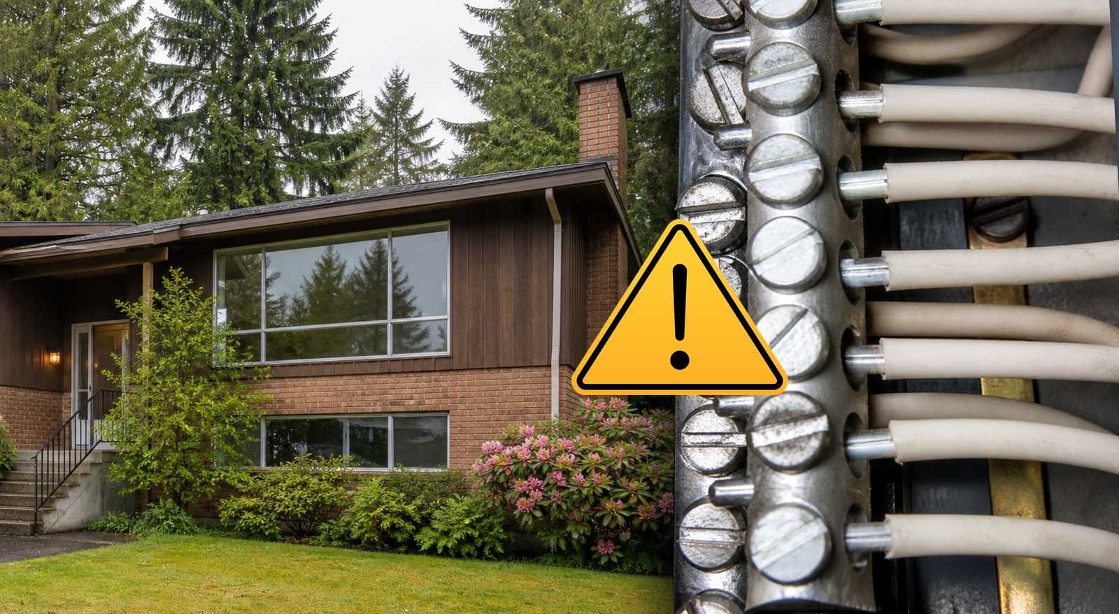 An older Canadian home split with a close-up view of electrical bus bar connections and a yellow caution warning symbol.