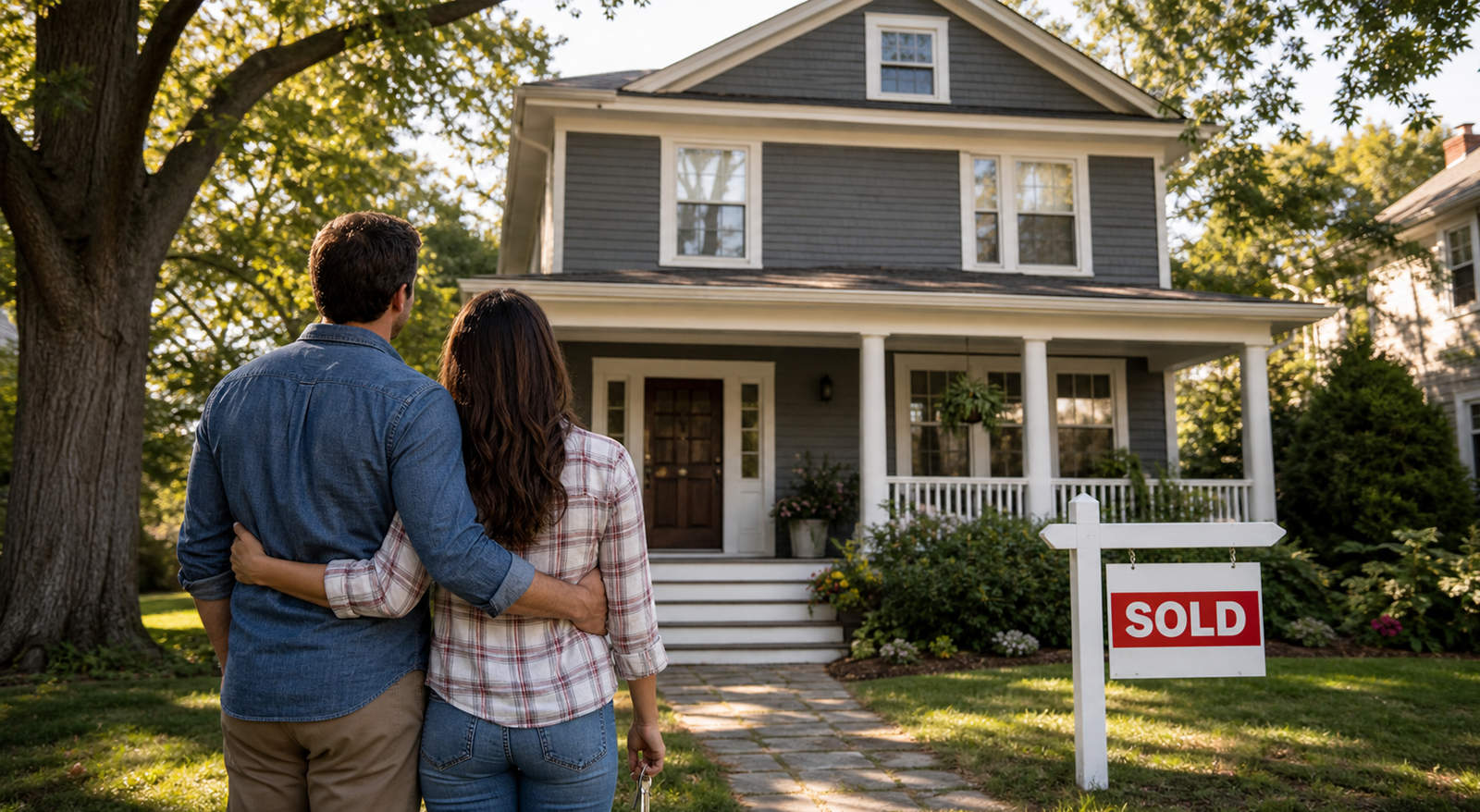 Couple standing outside an older home with a sold sign, considering an electrical inspection before purchase.