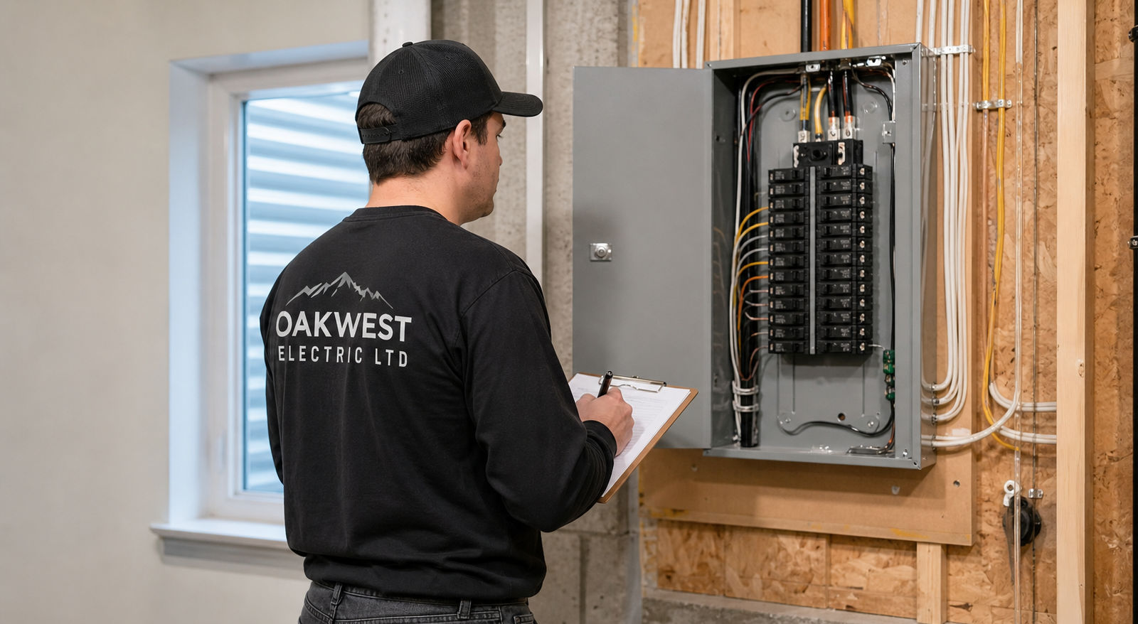 An Oakwest Electric electrician standing in front of an open electrical panel with a clipboard conducting an electrical safety inspection.