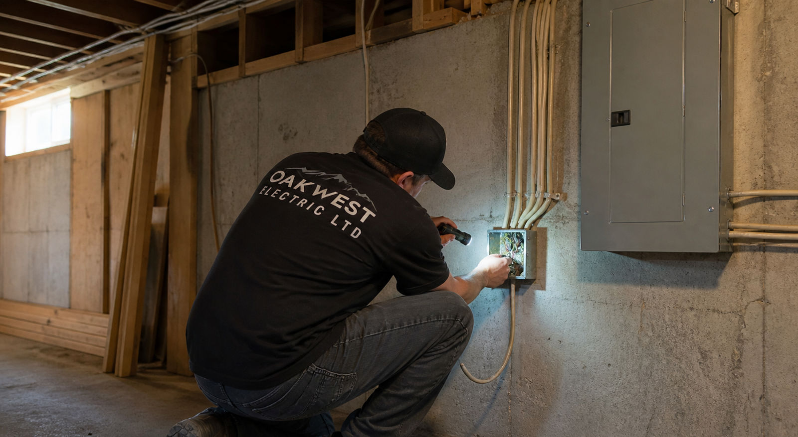 An Oakwest Electric electrician kneeling with a flashlight to inspect an exposed electrical junction box in a basement near the main breaker panel.