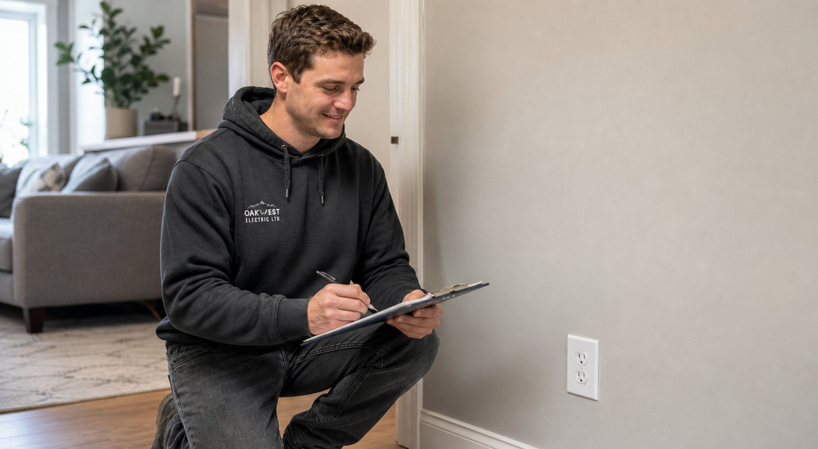 Licensed Oakwest Electric electrician in Langley kneeling to inspect a wall outlet while writing on a clipboard.