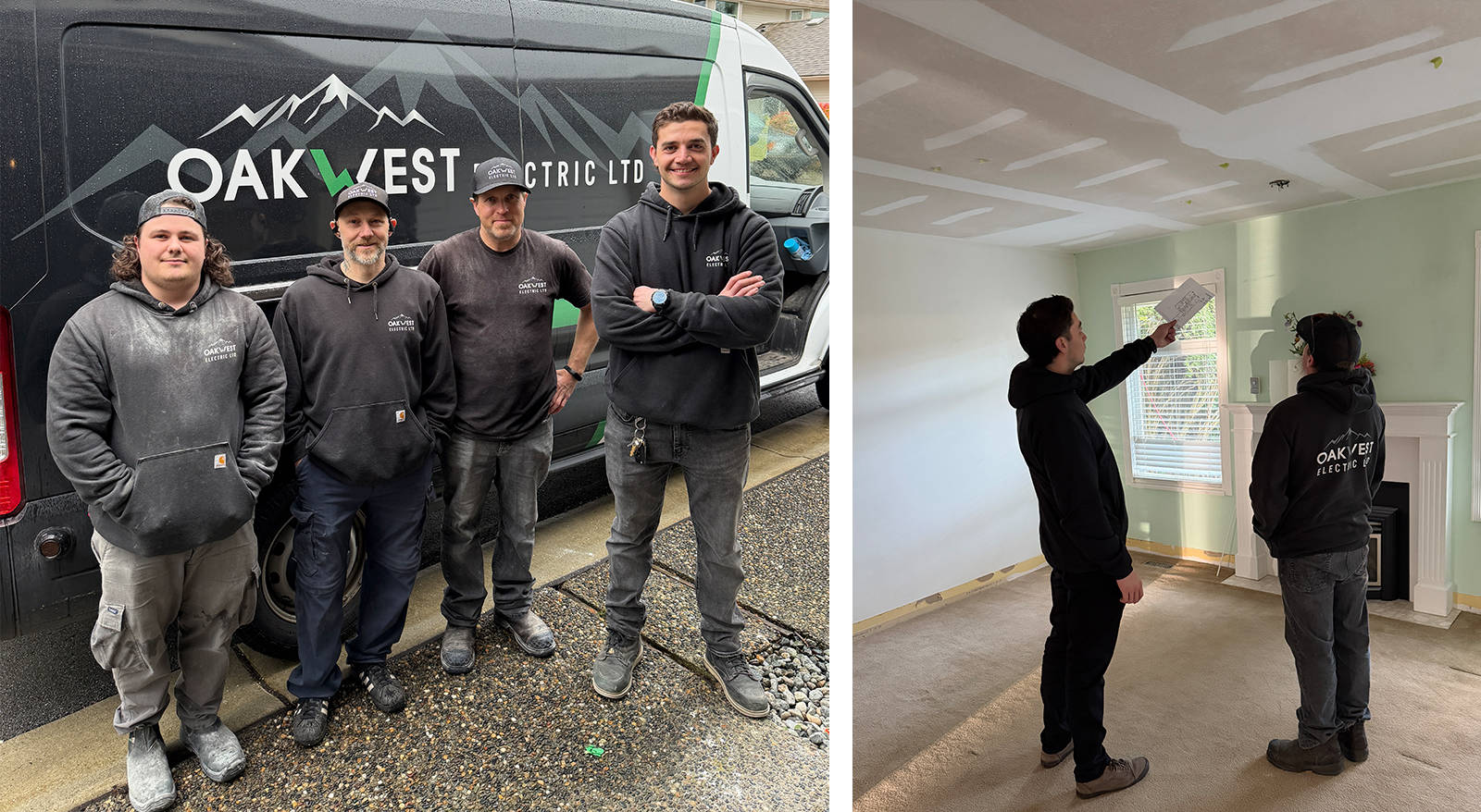 The Oakwest Electric electrician team standing together in front of their company service van.