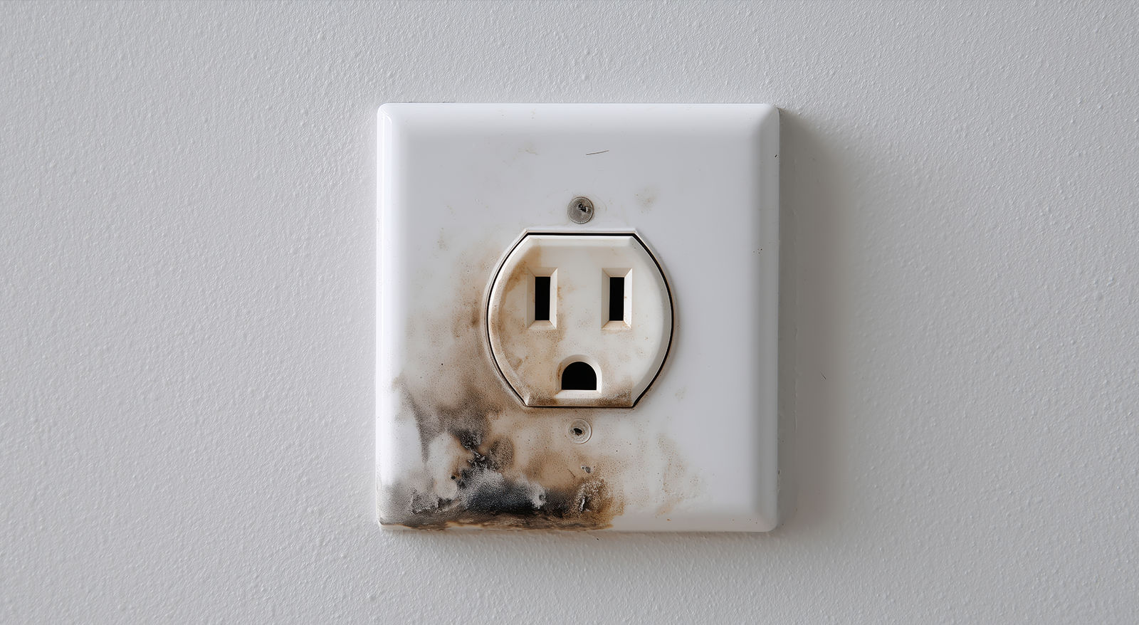 A discolored, scorched white electrical wall outlet showing burn marks and heat damage from an unsafe connection.