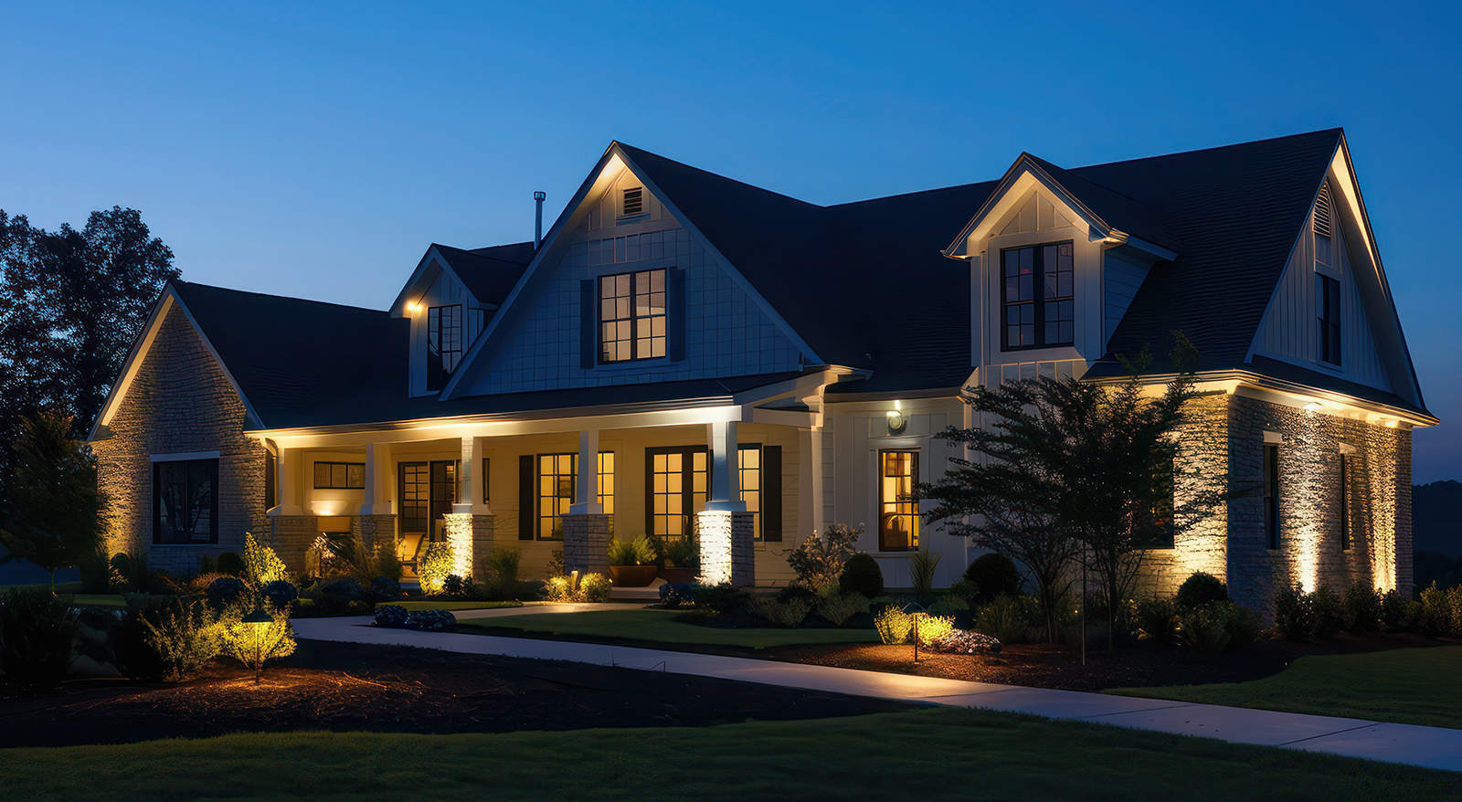 Soft warm exterior lighting accenting the porch, columns, and architectural features of a modern home at dusk.