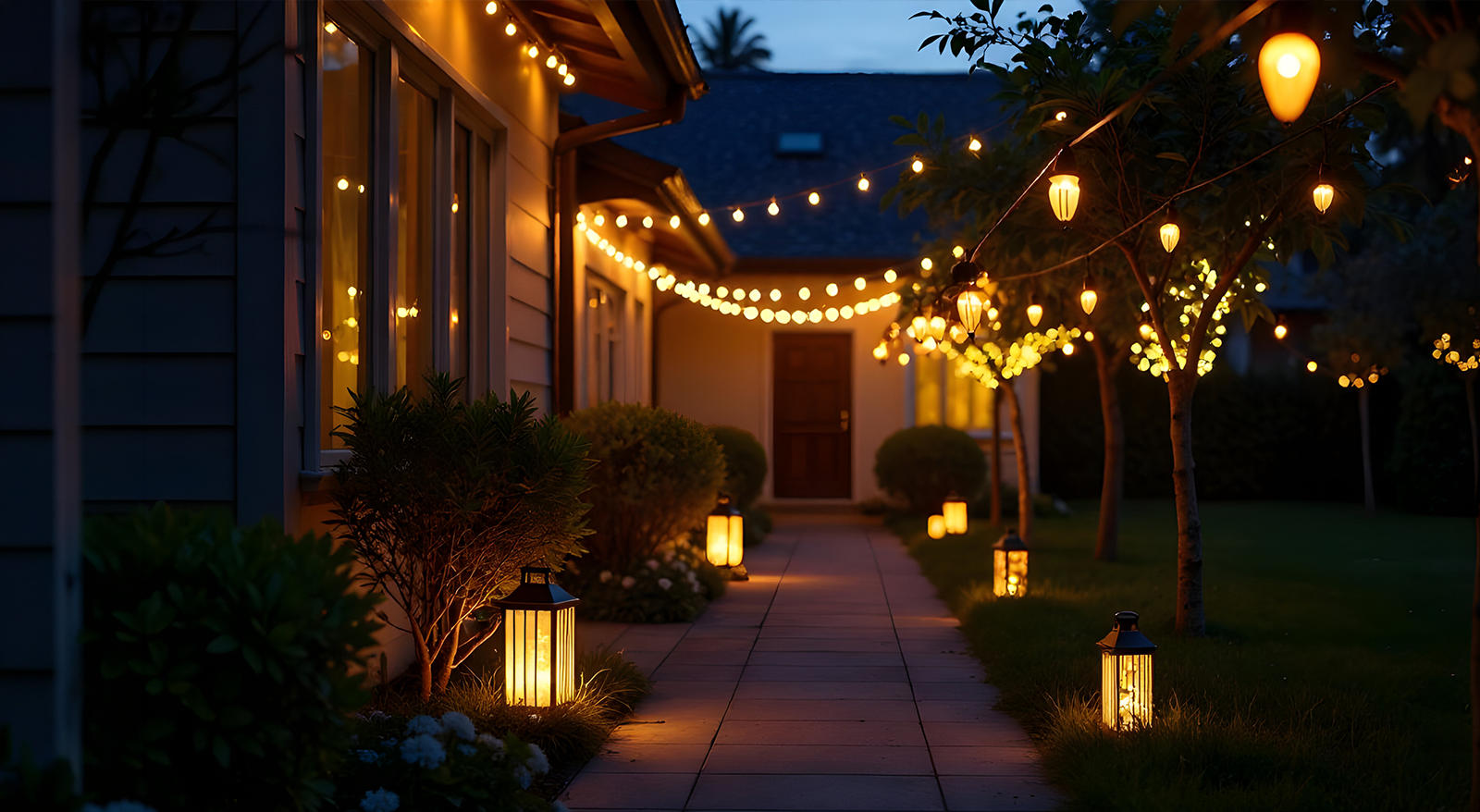 Warm string lights suspended over a walkway lined with decorative lanterns highlighting proper outdoor light placement.
