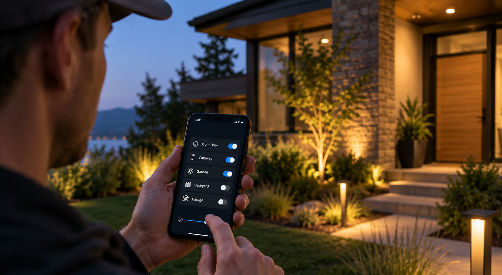 Homeowner using a smartphone app to control front door, pathway, and garden outdoor lighting automation.