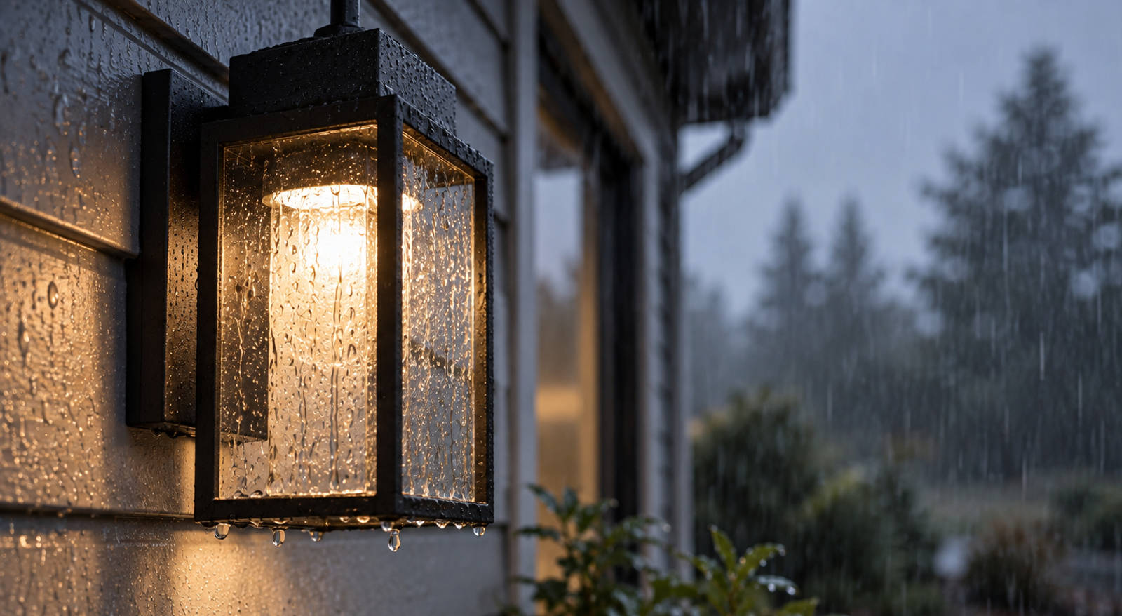 Water-resistant wall-mounted outdoor light fixture glowing safely during a rainy evening in the Lower Mainland.