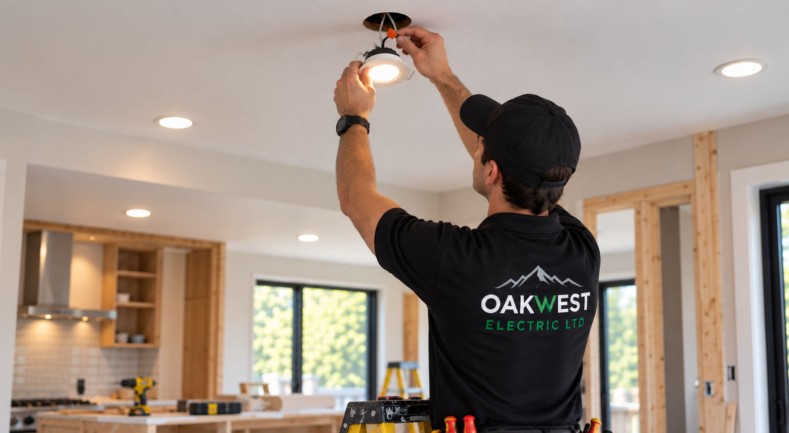 Electrician from Oakwest Electric installing a recessed LED pot light in a home ceiling.