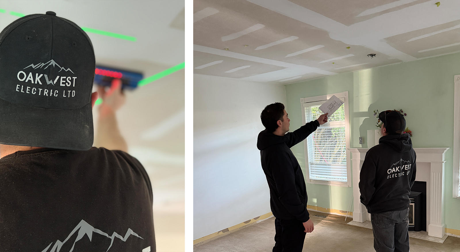 Oakwest Electric technicians using a laser level and floor plan to mark pot light placement on a ceiling.