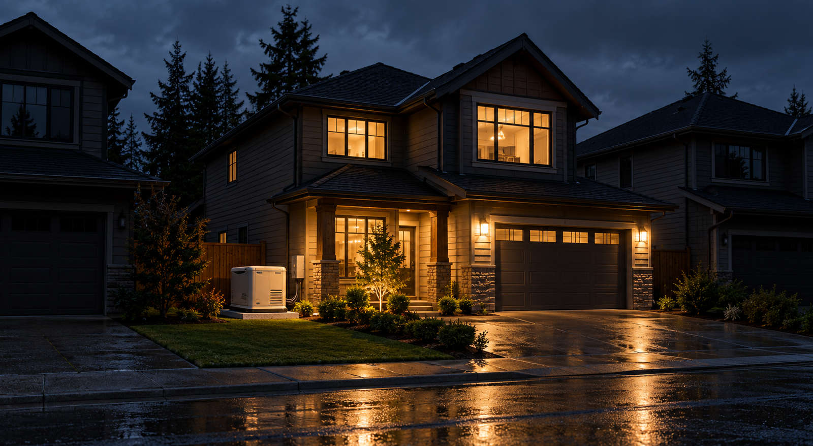 Well-lit residential home powered by an outdoor backup generator during a neighborhood power outage.