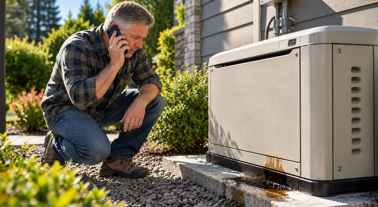 Homeowner on a phone call inspecting an oil or fluid leak underneath a home standby generator.