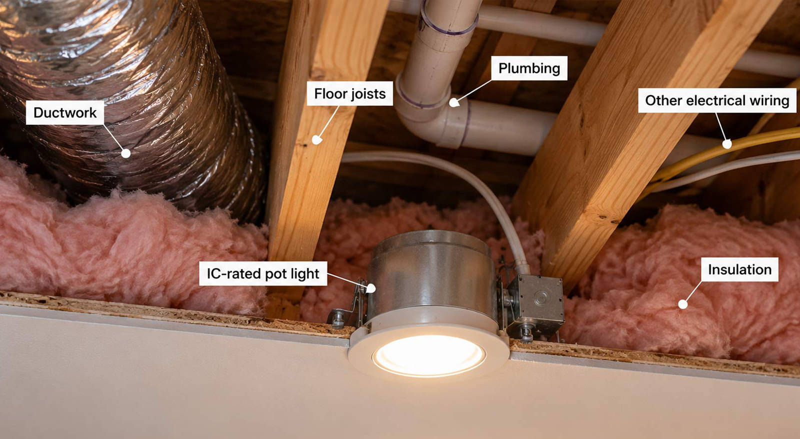 Cross-section diagram of an IC-rated pot light installed between ceiling floor joists, ductwork, plumbing, and insulation.
