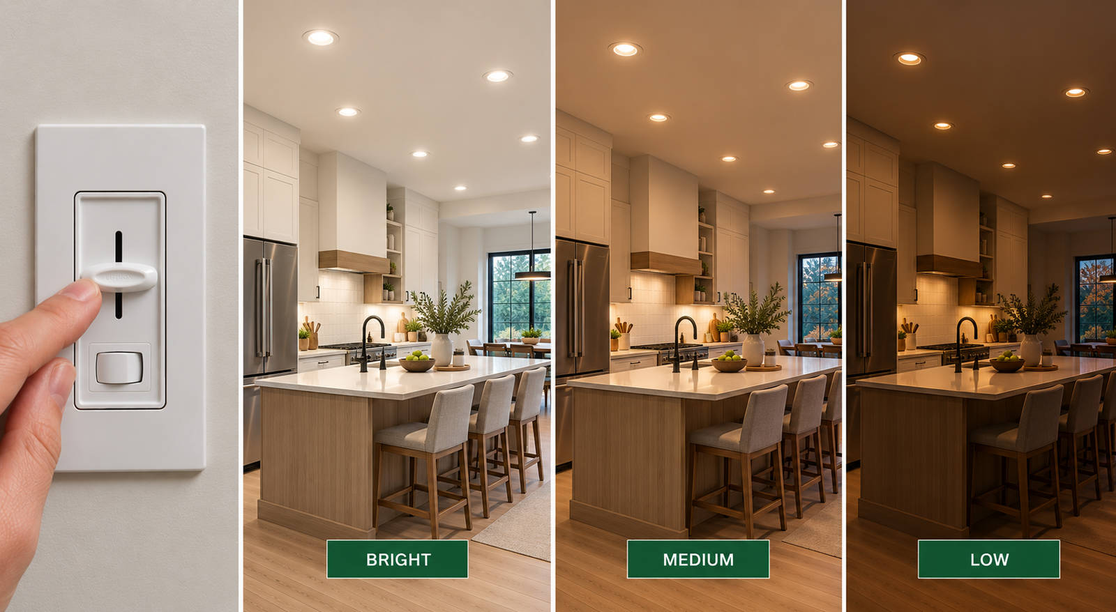 Comparison of kitchen pot light brightness levels controlled by a wall dimmer switch set to bright, medium, and low.