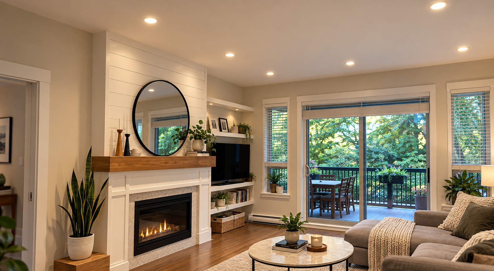 Modern living room with fireplace demonstrating strategic pot light placement and layout.