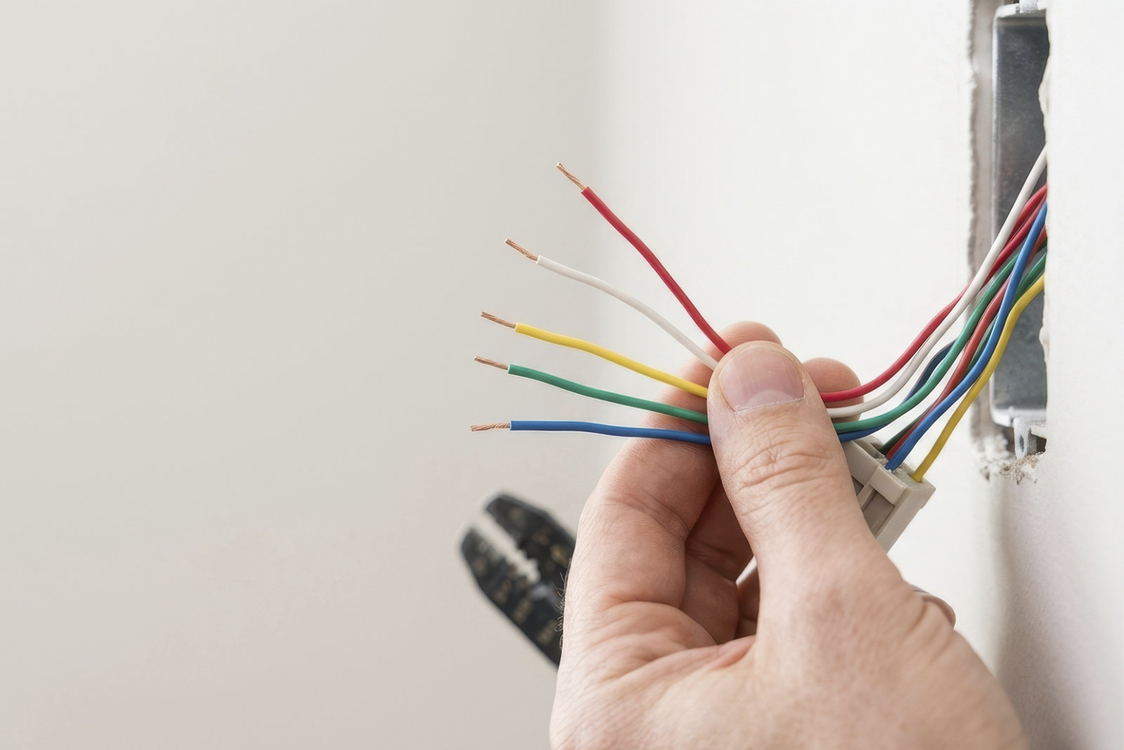 low-voltage-wiring-cables-hand An electrician holding multi-colored low-voltage wiring cables coming out of an electrical box during a home renovation.