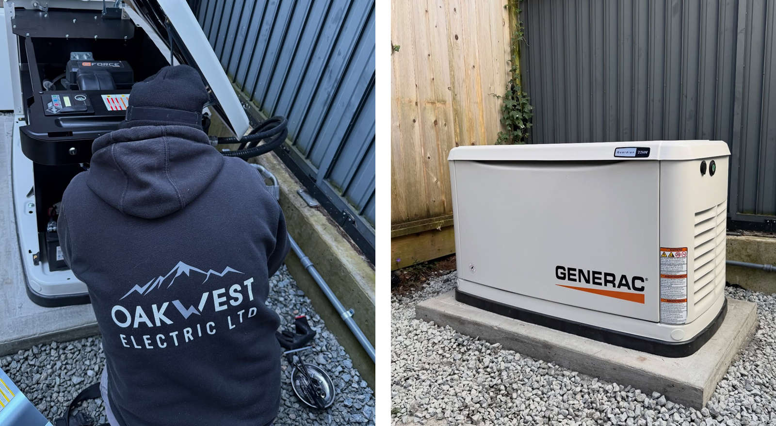 Oakwest Electric technician servicing a home standby unit next to an installed Generac generator.