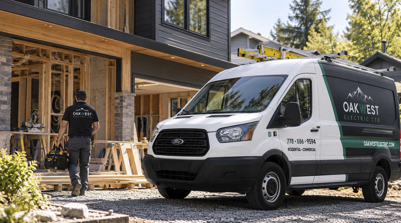 Oakwest Electric service van parked in front of a residential home under renovation with an electrician carrying tools.