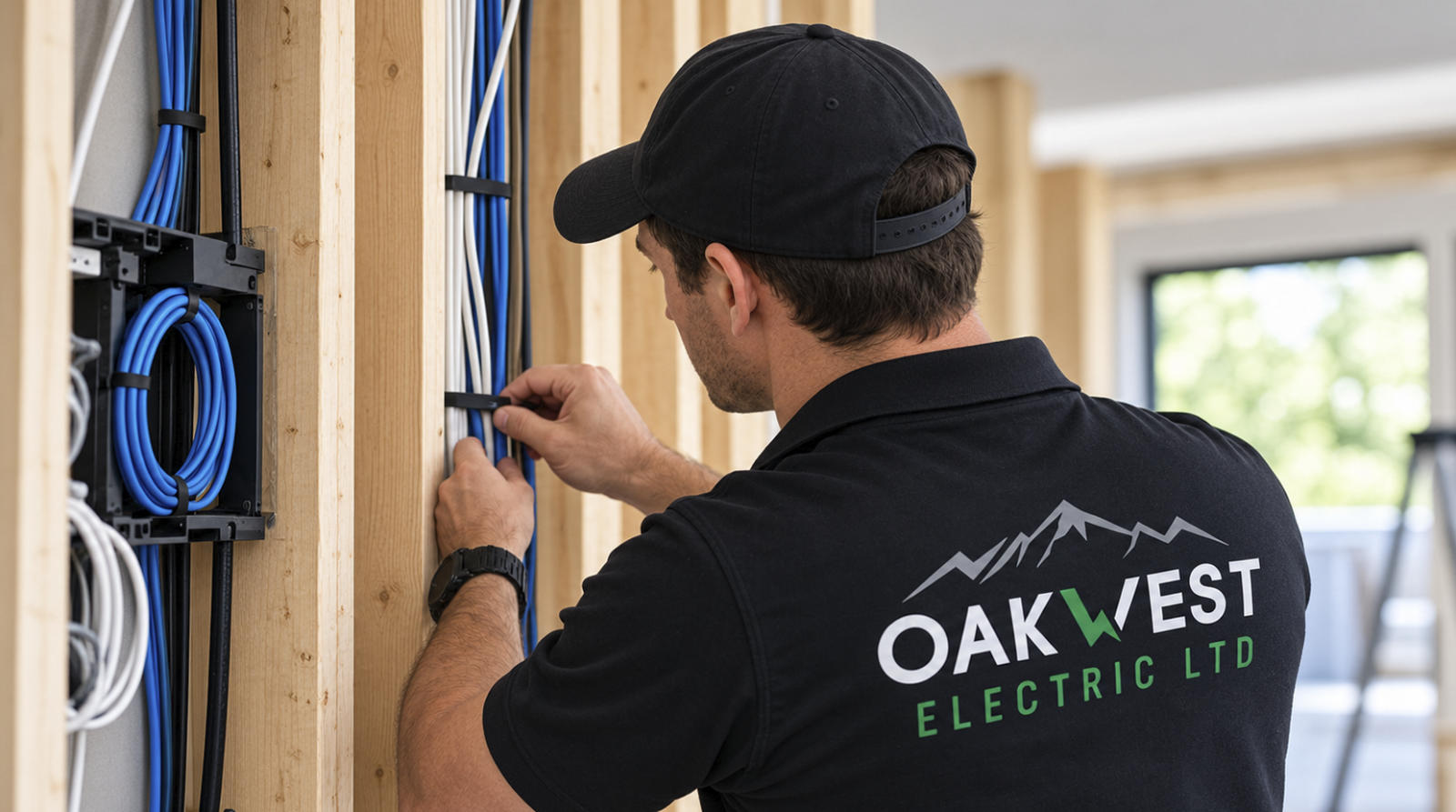 Oakwest Electric electrician running structured low-voltage network cables through open wall studs during a house renovation.