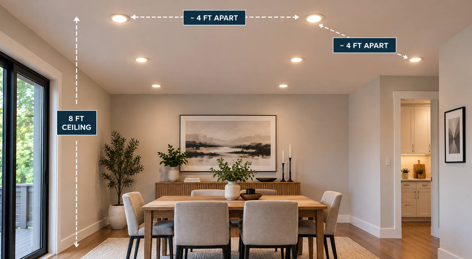 Dining room ceiling diagram showing recommended pot light spacing of 4 feet apart for an 8-foot ceiling.