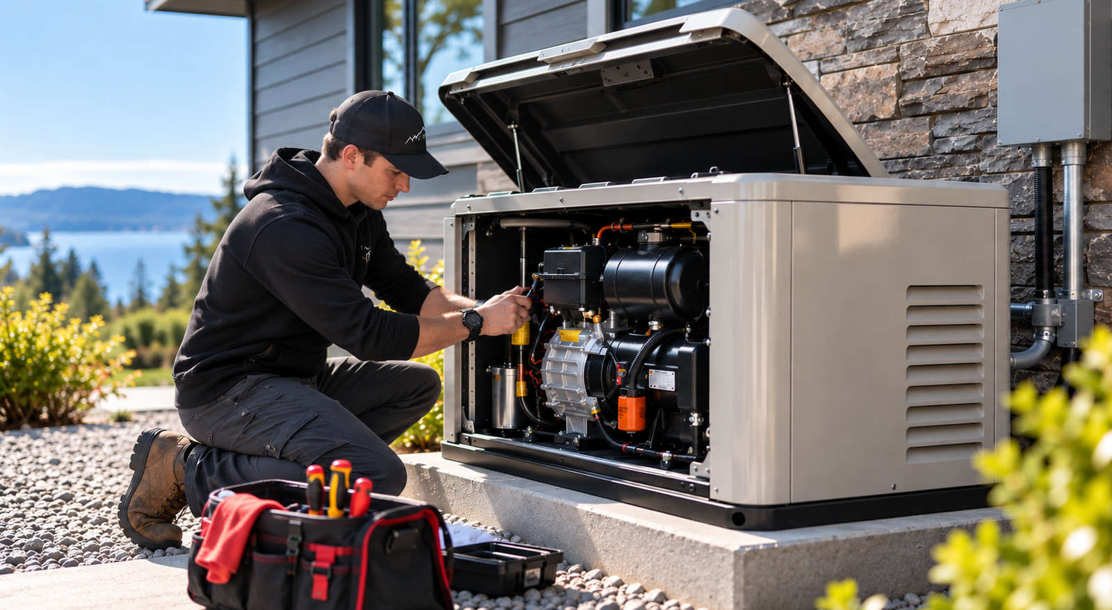 Oakwest Electric technician performing routine generator maintenance on a residential standby unit outdoor.