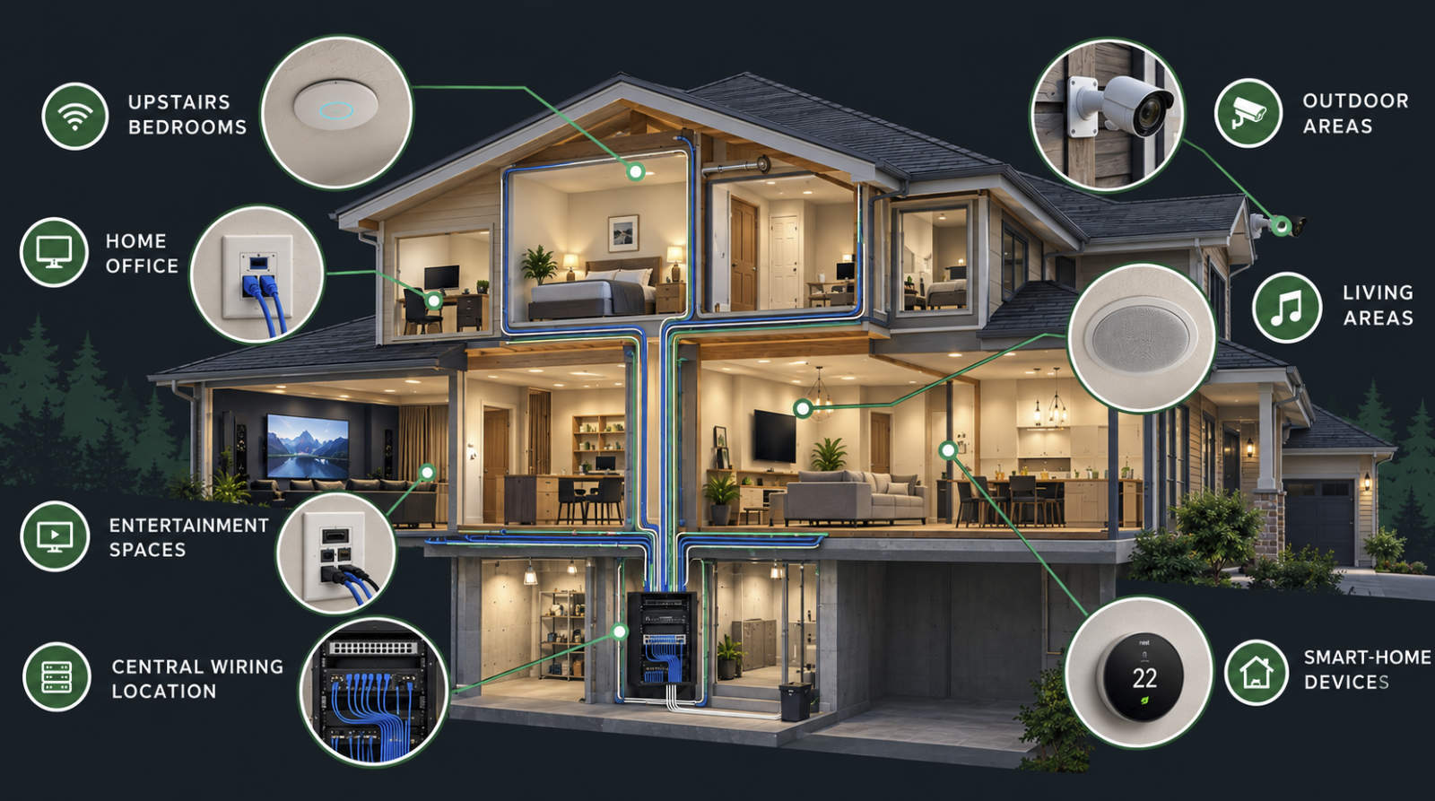 Cutaway diagram of a two-story home illustrating structured low-voltage wiring routes connected to a central wiring cabinet.