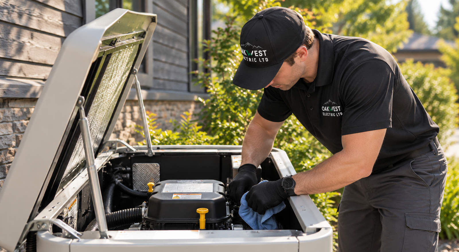 Electrician inspecting and cleaning internal engine components during backup generator maintenance.
